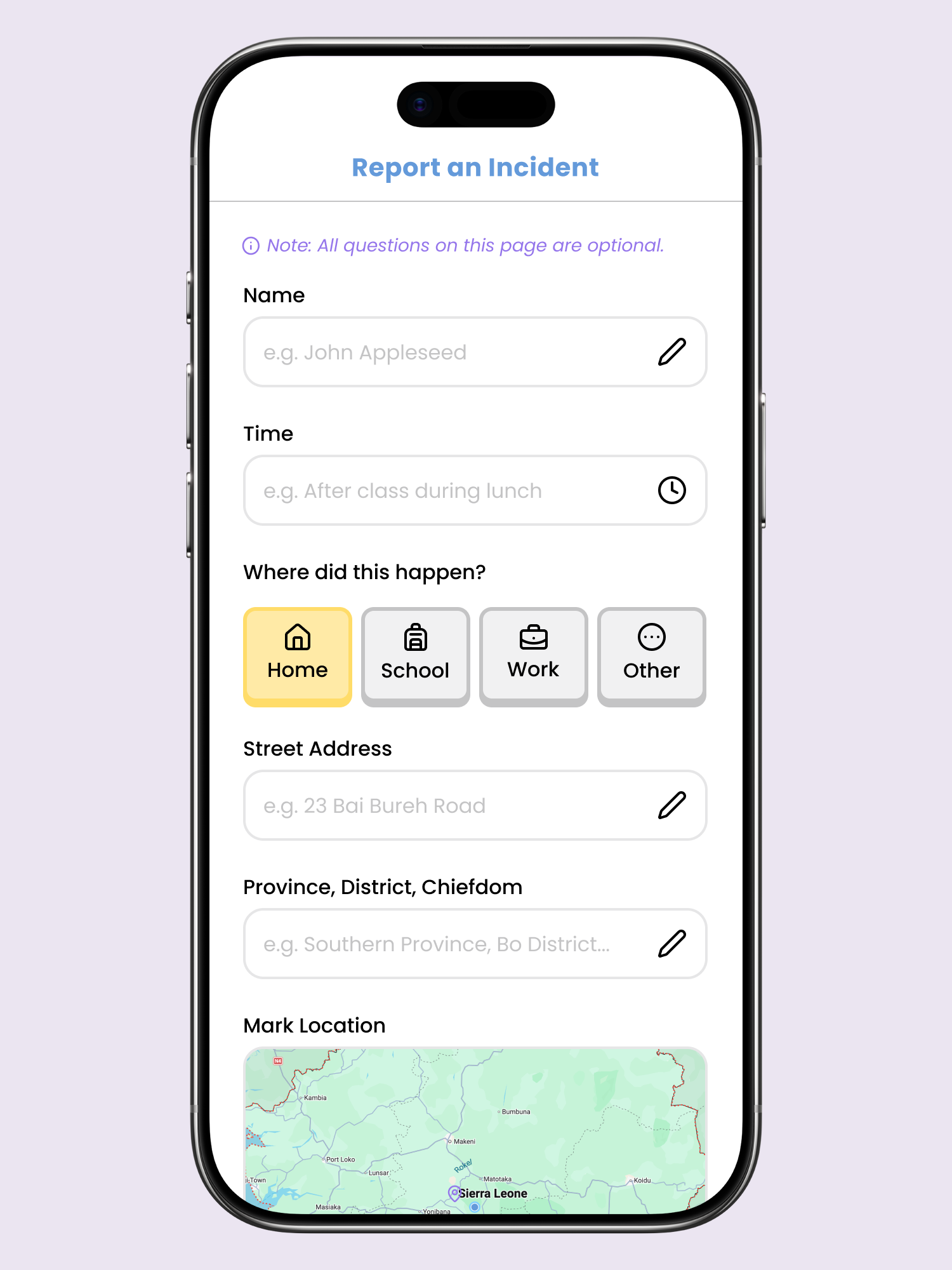 Location selection flow in the reporting app