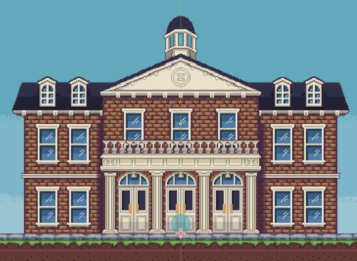 Pixel art of a brick university building with a white cupola