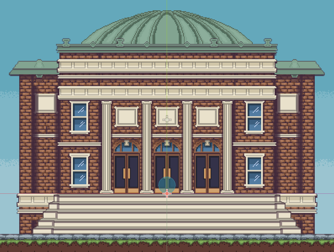 Pixel art of a brick university building with a green dome