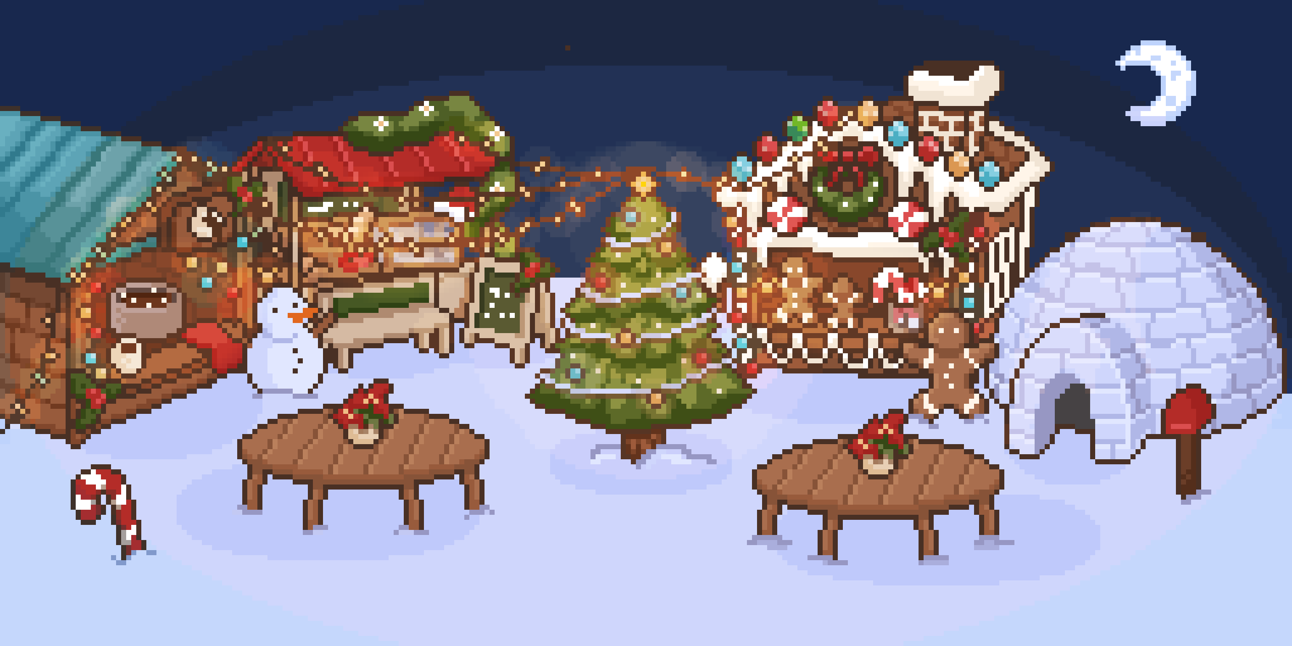 A cozy Christmas village rendered in pixel art with snowy houses, a decorated tree, an igloo, and a snowman