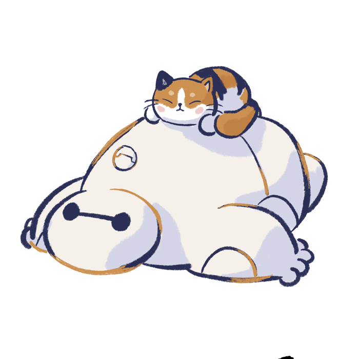 A sleepy cat resting on Baymax