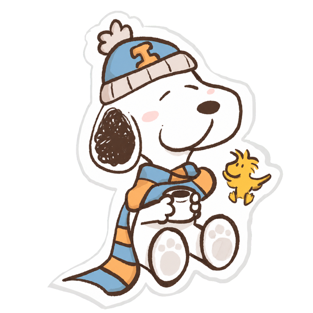 Snoopy and Woodstock bundled up with a warm drink
